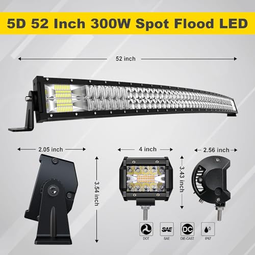 Image of 5D 52Inch Curved LED Light Bar + 4Inch White /Amber Strobe LED Pods