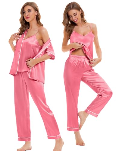 Image of SWOMOG Womens Silk Satin Pajamas Sets 4pcs Sleepwear Sexy Cami Shorts Set and Button Down Short Sleeve Pjs Loungewear Coral Red Medium