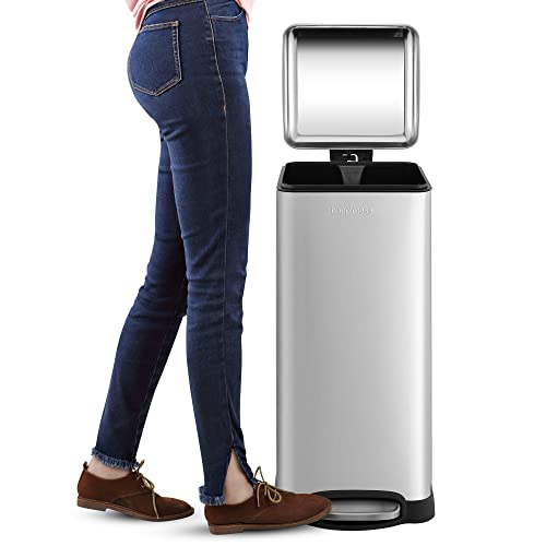 Image of happimess Betty 8 Gal Step Trash Can Soft-Close Lid, Platinum Silver | Fingerprint Resistant, Removable Liner, Semi-Rectangular, Steel Pedal, Iron Powder Coated, 27 inch Height, Non-Skid Base