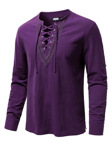 Image of JOGAL Mens Renaissance Shirt Medieval Pirate Viking Halloween Costume Gothic Steampunk Retro Long Sleeve Lace Up Shirts