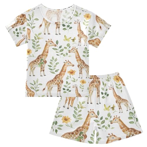 ALAZA Giraffe Leaf Blossom Pajamas Short Sleeve 2 Piece Sleepwear Top and Bottom Pajama Set Unisex