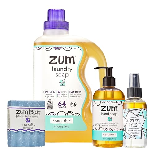 Zum Indigo Wild Home Essentials - Laundry Soap (64 oz) - Liquid Hand Soap (12 fl oz) - Room Spray Air Freshener (4 fl oz) - Goat Milk Soap Bar (3 oz) - Sea Salt Scent