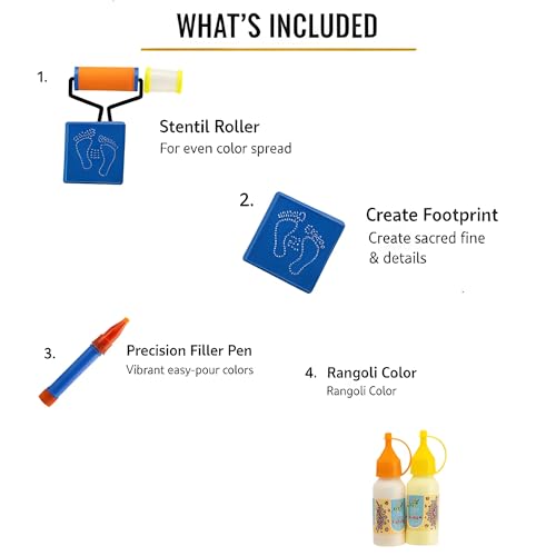 Image of TOTA DIY Rangoli making Tool Kit for Diwali Pooja and Home Decor - 2 Rangoli Squeeze Bottles, 1 Assorted Stencil, 1 Magic Rangoli Filler, 1 Rangoli Pen, 1 Rangoli Stencil Roller