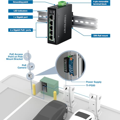 Image of TRENDnet 5-Port Industrial Gigabit PoE+ DIN-Rail Switch, TI-PG50, 120W PoE Power Budget, 10Gbps Switching Capacity, Ethernet Splitter, NDAA & TAA Compliant, Lifetime Protection