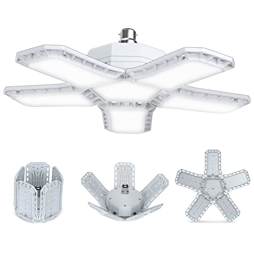 HZSANUE B22 Bayonet LED Garage Light 80W, 3500K Warm White 9000Lm Deformable Workshop Lamp with 5 Adjustable Panels