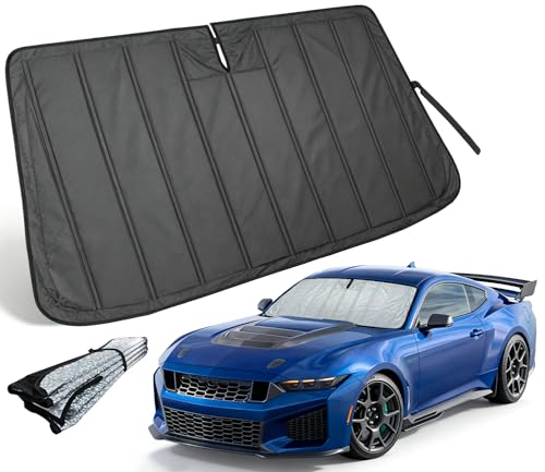 Image of Thickened Windshield Sun Shade for Ford Mustang 2015-2026 | Accordion Front Window Sunshade Aluminum Reflective UV Protection Shield, Foldable Sun Visor with Storage Bag Car accessories