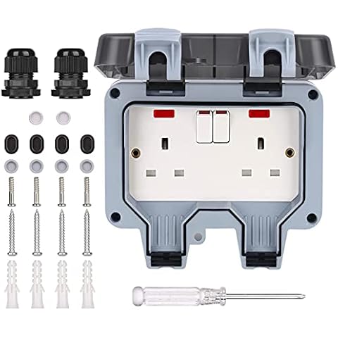 Outdoor Socket Waterproof Outside Plug Sockets,IP66 Double Weatherproof Power Socket 2 Gang 13Amp Wall Electrical Outlets with Switch Indicator Light Cover
