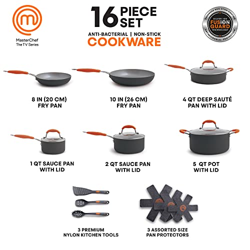 Fusion Guard, Masterchef 16-Piece Cookware Set, Gray, Antimicrobial Technology, Ceramic, Titanium Non-Stick Coating, Ptfe/Pfoa/Pfos-Free, Induction Safe, Fry Pans, Saucepans #TOP2