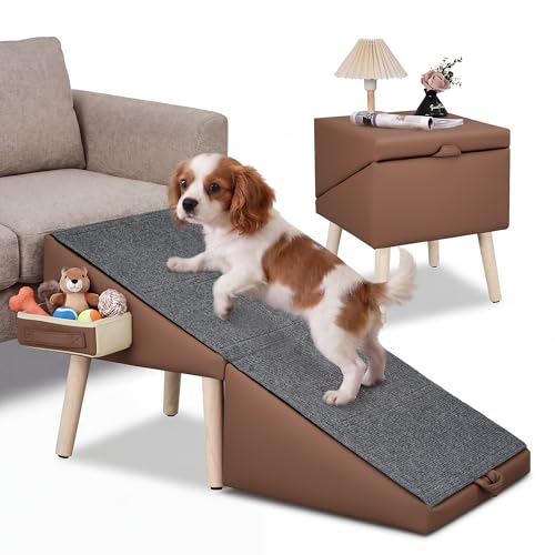 AeedWisp Dog Ramp for Couch and Bed 17 H Stairs for Small to Medium Dogs and Cats Foldable Steps for Pets to Get on High Bed Non-Slip Sturdy Ottoman Ramp with Storage Drawer Brown