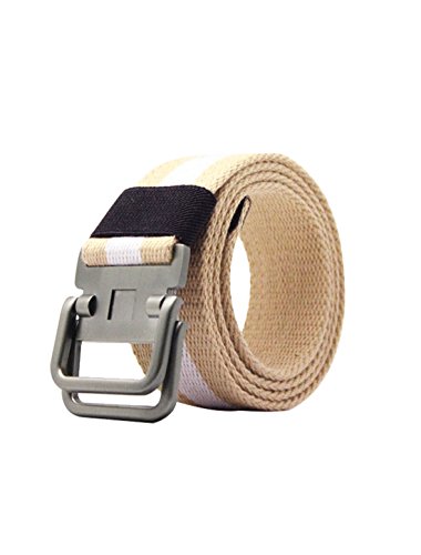 uxcell Unisex Canvas Double Ring Adjustable Holeless Metal Buckle Stripe Belt Khaki