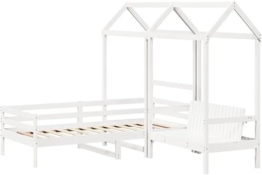 White Solid Pine Wood Day Bed and Bench Set with Roof, 80x200 cm, Versatile Furniture for Bedroom or Living Room, Slatted Base, No Mattress Included