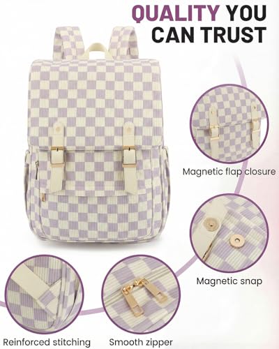 Image of Corduroy Laptop Backpack for Women, Fits 15.6 Inch Computer Bag, College High School Bookbag Travel Daypack Purse, Work Business Bags - Corduroy Checkered Purple