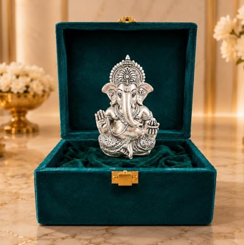Image of Gold Art India Lord Ganesha 999 Silver Plated Idol | Antique Matte Finish | Premium Velvet Gift Box | Ganesh Murti for Car Dashboard, Home Temple, Office Desk | Luxury Spiritual Gift for Housewarming