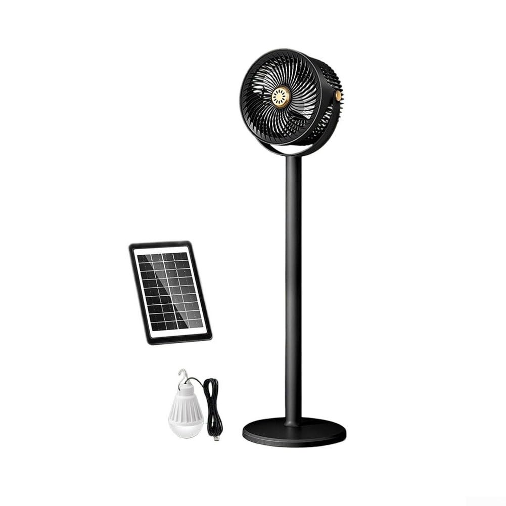 Solarbetriebener Bodenventilator mit USB wiederaufladbarer Option und verstellbarer Höhe, LED-Licht für Camping, Terrasse, Schlafzimmer oder Notfall (schwarz)