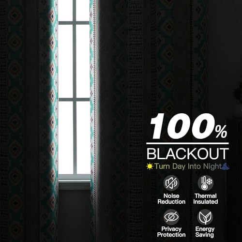 Image of XiDi Green Geometric Patterned Blackout Curtains for Bedroom 84 Inches Long 2 Panels Boho Farmhouse Black Out Curtains for Dining Living Room Country Vintage Thermal Insulated Grommet Window Drapes
