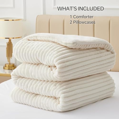 BEDELITE Fleece Oversized Queen Comforter Set -Super Soft & Warm Fluffy Cream White Bedding, Luxury Fuzzy Heavy Bed Set for Winter with 2 Pillow Cases