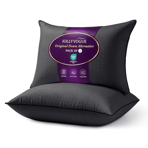Image of JOLLYVOGUE Black Pillows Queen Size Set of 2, Supportive Firm Bed Pillows with Oeko-Tex Certified Soft Down Alternative Fill, Fluffy Luxury Hotel Quality for Back, Stomach and Side Sleepers