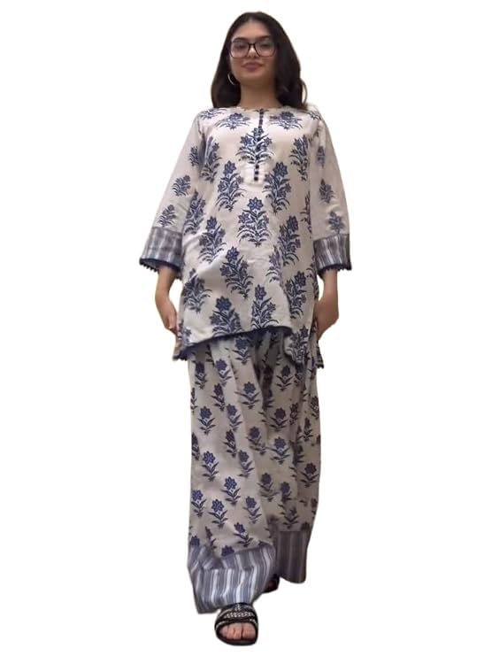 anni designer Cotton Blend Printed Straight Farshi Salwar Set for Women | Cotton Blend White | 3/4 Sleeve | Round Neck | Ethnic Wear Casual Wear-picture-29