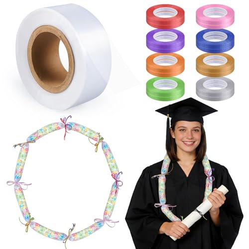 ARCTURINE 2 inch x 394 ft Candy Lei Poly Tubing with 175 yd Ribbon, Clear Graduation Candy Lei Making Kit with Plastic Poly Tube 16 Rolls Ribbon for DIY Graduation Garland Wreath Decor Snacks Wrapper