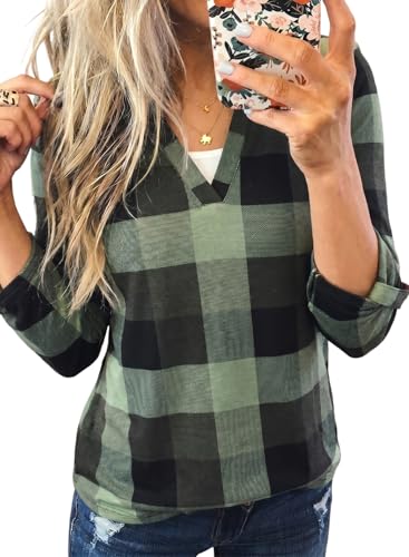 Image of Dokotoo Womens Tops Plaid Cotton Cuffed 3 /4 Sleeve Shirts Blouses