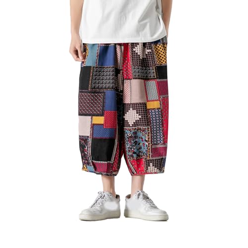 GURUNVANI Mens Patchwork Wide Leg Pants Elastic Waist Harlem Capri Pants Loose Beach Trouser