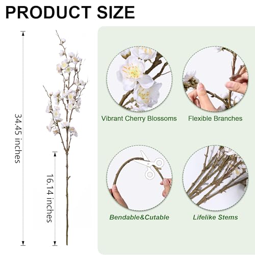 florisso 6 PCS Artificial Cherry Blossom Branches Spring Indoor Decoration, Faux Flowers 34.45\" Long Stems Plum Fake Peach Plants Real Touch Silk for Wedding Home Bedroom Party Table Office, White - Thumbnail 3