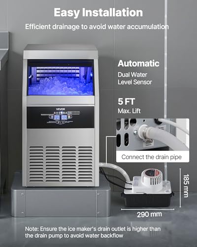 Image of VEVOR Commercial Ice Maker Machine with Pump, 130 lbs /24h with 30 lbs Storage Capacity, Built-in /Freestanding /Under Counter, Stainless Steel Ice Maker with LED Display & Self-Cleaning, for Home Bar