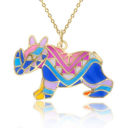 14K Yellow Gold Solid Multi Color Enamel Rhino Necklace For Women With a 14K Gold 18