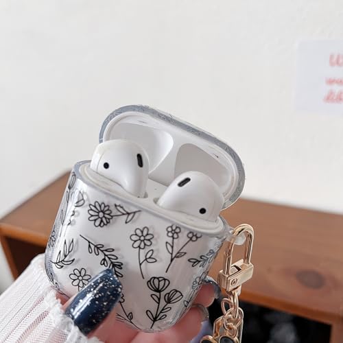 Image of MINSCOSE Compatible with AirPod 1&2 Clear Case,Cute Flower Floral Aesthetic Design with Flowers Keychain, Soft TPU Protective Shockproof Case for Women Girl for Airpod 1&2-Black