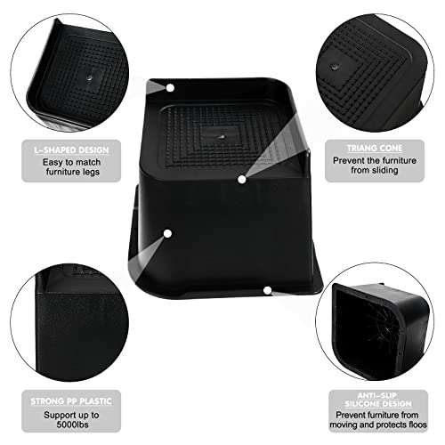 Tocawe Bed Risers 4 Inch Lift, Set Of 8 Heavy Duty, Up To 5500Lbs, Furniture Risers For Bed Frame, Couches, Tables, Desks,Black #TOP3