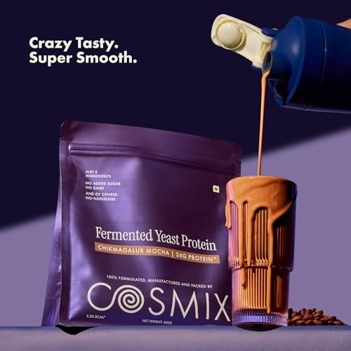 Image of Cosmix Fermented Yeast Protein Powder | 24g Protein | Pure Single-Source Plant Protein | Made In-House | Smooth, Crazy tasty & Gut-Friendly | Chikmagalur Mocha, 1Kg Pouch