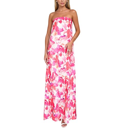 Image of Women Y2k Strapless Maxi Dress Summer Backless Floral Long Tube Dress Off Shoulder Cocktail Party Dress