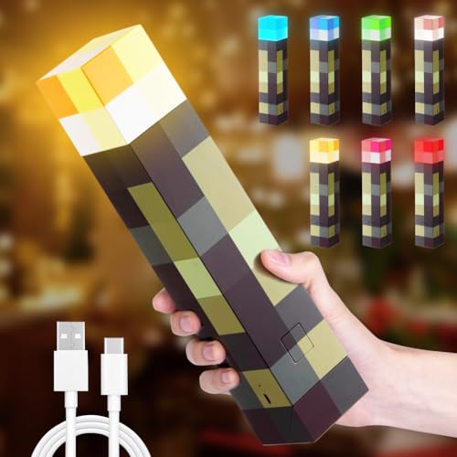 Fouvin Lampe Murale Miner Craft en Forme de Torche 28cm, 7 Couleurs Lampe rechargeable par USB, Éclairage Mural Cadeau pour Enfants, Cadeau Chambre, Fête,...