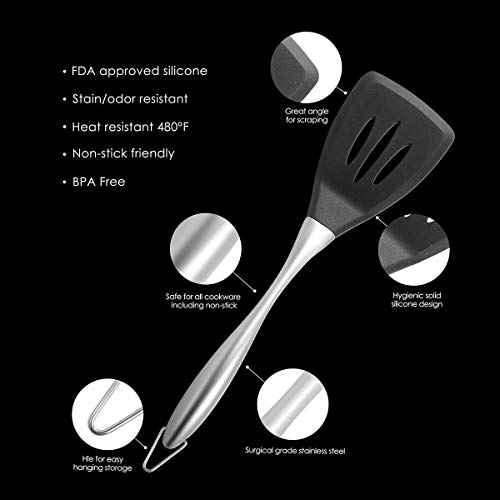 Image of Kitchen Heat Resistant Silicone Spatula Set (Pack of 2) Multipurpose Solid and Slotted Spatulas - Nylon Utensils with Nonstick, 304(18 /10) Stainless Steel Durable Handle (Black)