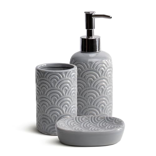THE SECRET HOME─ Set de Baño de 3 Piezas ─ Conjunto de Acessorios para Aseo de Diseño Moderno─ Juego de Baño con Dispensador de Jabón, Vaso y Jabonera─ Diversos Modelos (Modelo 1- Gris)