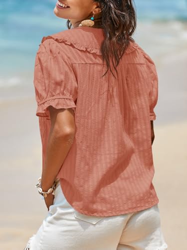 Image of Tankaneo Womens Puff Sleeve Shirts Peter Pan Collar Button Down Cotton Blouse Casual Summer Textured Tops
