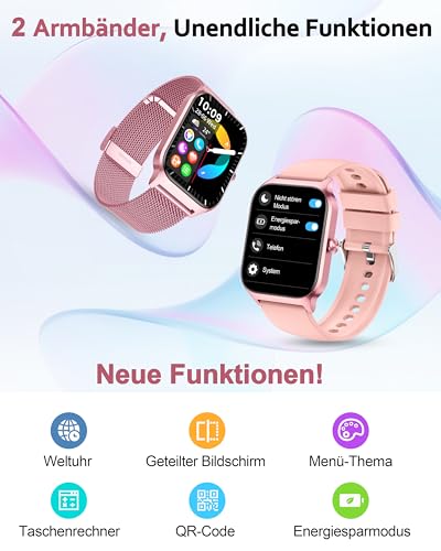 Popglory Smartwatch mit Telefonfunktion Herren Damen, 1,85 HD-Bildschirm Fitnessuhr, Blutdruckmessung Herzfrequenz SpO2 Druck Schlaf Menstruation, 100 + Sportmodi, Weltuhr Rechner Wetter, Android iOS