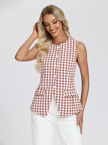 D-Sun Women's Sleeveless Blazer Vest Button Down Suit Vest Tops Gingham Trendy Round Neck Business Outerwear Waistcoat2