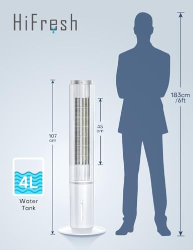 Image of HIFRESH Personal Air Cooler for Home, 107CM Portable Fan, Touch & Remote Control, 4 Mode& 3 Speed, 26Ft Air Throw, 12H Timer, 4 Ice Packs, Auto Rotation, Low Power Consumption Tower Cooler for Room
