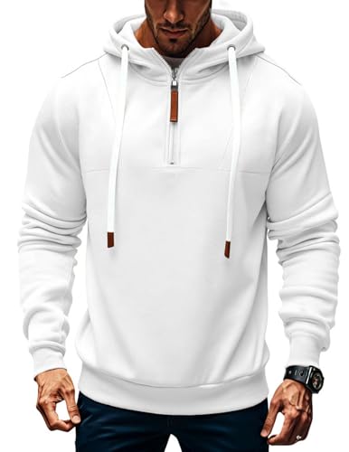 Image of EndoraDore Mens Hoodies Quarter Zip Up Casual Long Sleeve Winter Fleece Sweatshirts For Men White 3XL