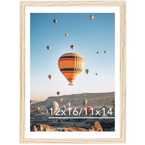 Image of JCJMY 12x16 Picture Frame with 11x14 Mat, Display Photo 11x14 with Mat or 12 x 16 Without Mat, Wall Hanging Large Frame with Plexiglass, Natural