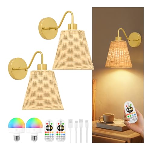 Image of Vintage Battery Operated Wall Sconce with Flower lampshade,Rechargeable Battery Powered Wall Light with Remote Control with 15 Colors for Room Decor