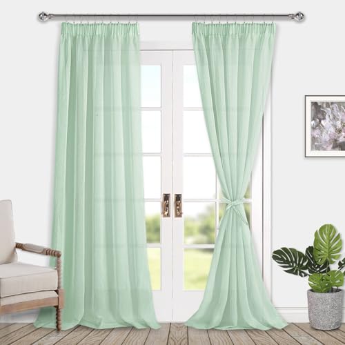 DWCN Cortinas de voile con cinta fruncidora de aspecto de lino, 2 unidades, semitransparentes para salón, cortinas transparentes, color verde, 245 x 140 cm (alto x ancho)