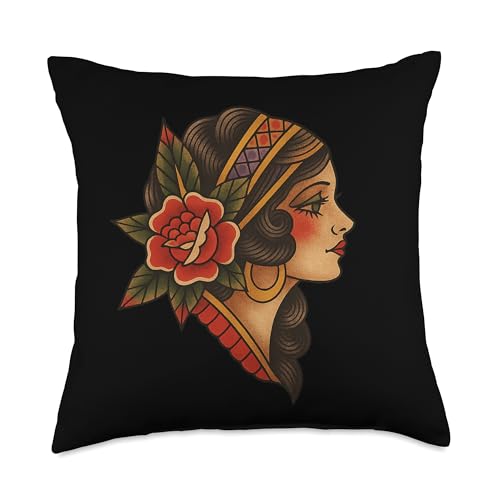 Vintage Traditional Tattoo Woman Throw Pillow