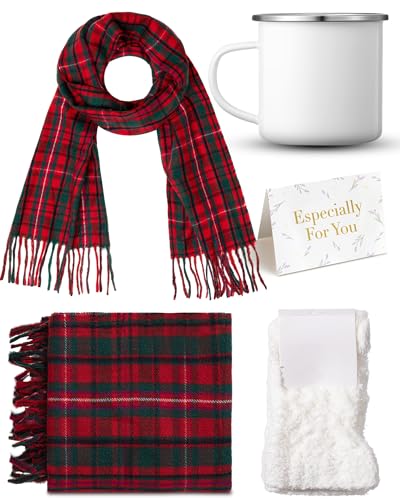 Winter Scarf for Woman Christmas Gift Box Sets Warm Soft Plaid Scarf Socks with Gift Box Card for Mom Wife Friend