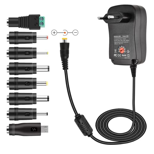 30W Adaptateur Secteur Universel AC à DC 3V 4.5V 5V 6V 7.5V 9V 12V 1A 2A 3A Transformateur d'alimentation à Découpage avec 10 Connecteurs DC pour électroniques Ménagers 3-12V, 3000mA Max