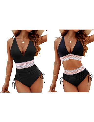 Blooming Jelly Women Tummy Control Swimsuits Color Block Slimming Bathing Suit Modest V Neck Swim Suits (L,Black)