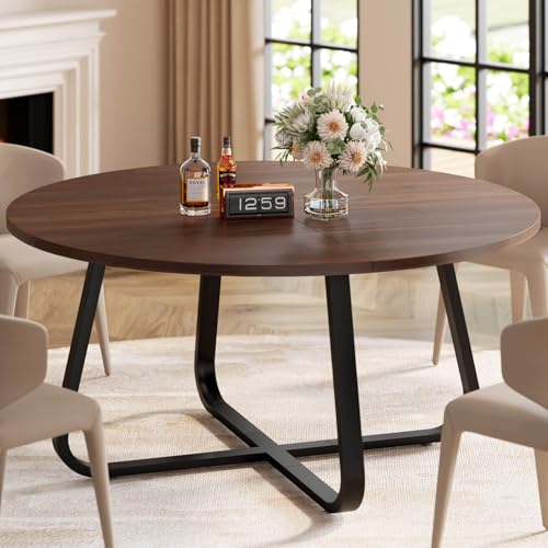 LVB Table de Salle à Manger Ronde en Imitation Marbre Blanc pour 4 à 6 Personnes, Table de Salle à Manger Ronde du Milieu du Siècle, Bureau, Salon, Marron Rustique, 130 cm