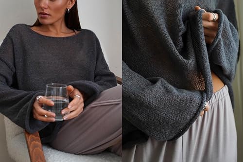 Image of Sweters for Women, Womens Sweater, O-Neck Solid Color See Through Pullover Jumper Shirt Beach