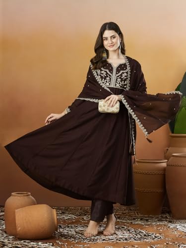Image of MOKOSH Women's Silk Anarkali Kurta Pant with Dupatta | Anarkali Kurta Set | Embroidered | Ethnic Wear | Notch Neck Full Sleeve